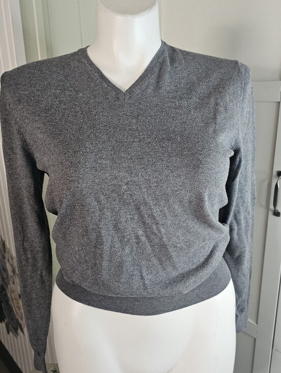 Massimo Dutti Sweaters - Massimo Dutti Women L Gray Cotton Silk Cashmere V Neck Sweater Suede Elbow Patch